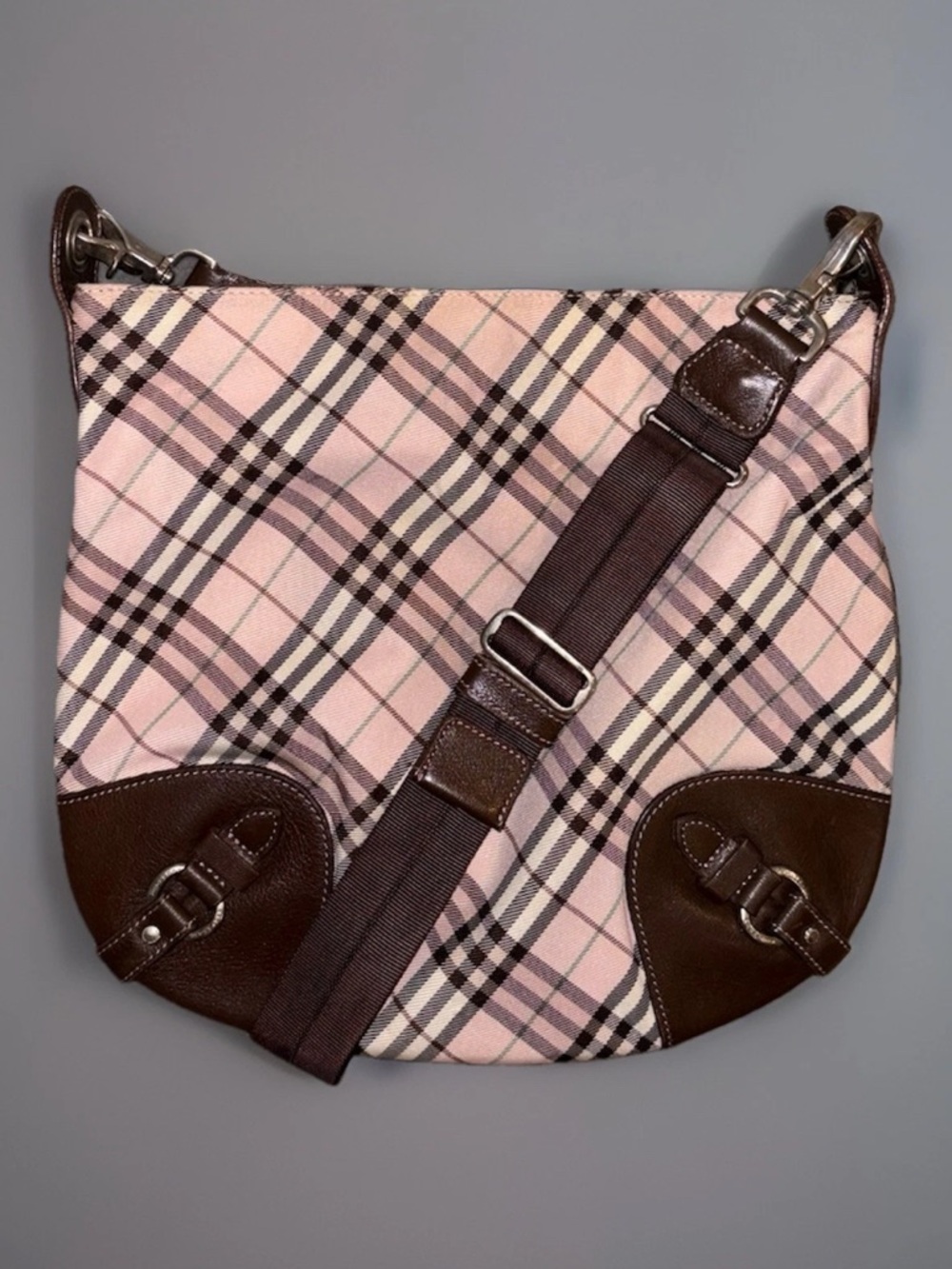 Vintage Burberry Blue Label Pink Nova Check Canvas Brown Leather Crossbody Bag - Picture 4 of 16